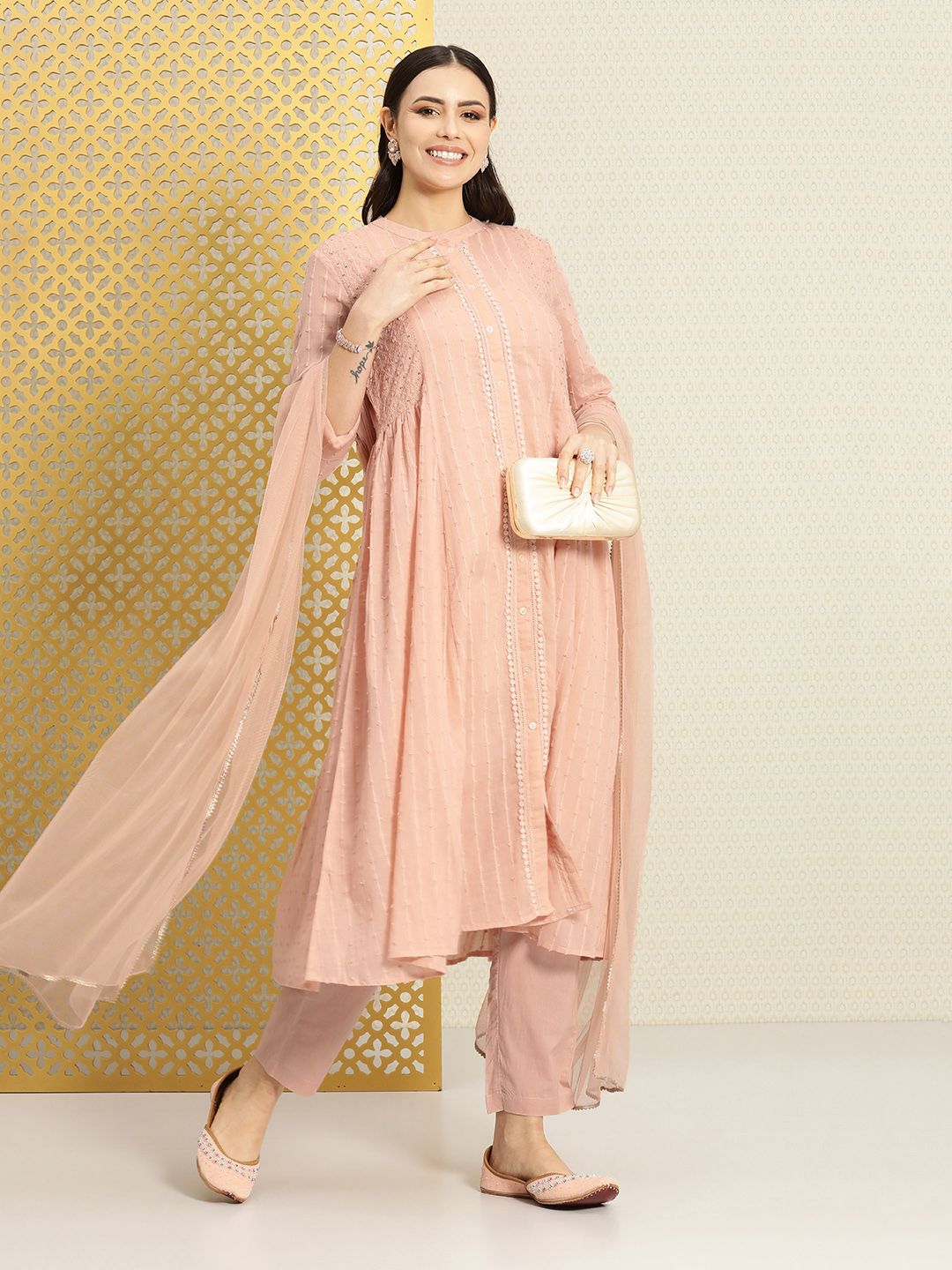 Dhiyona PD Women Self Design Regular Pure Cotton Jashn Kurta with Trousers & Dupatta