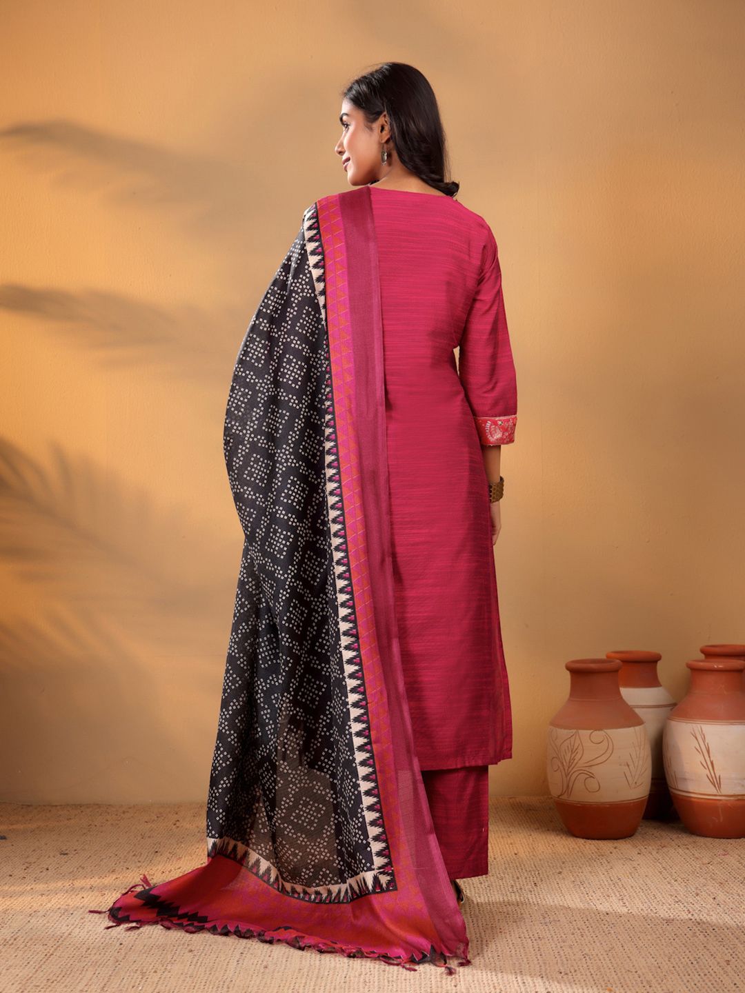 Dhiyona VA Women'sMagenta Floral Yoke Design Gotta Patti Kurta With Trouser & Dupatta
