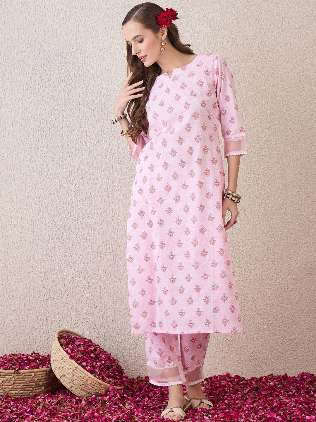 Dhiyona IE Floral Printed Round Neck Pure Cotton Straight Kurta With Trouser