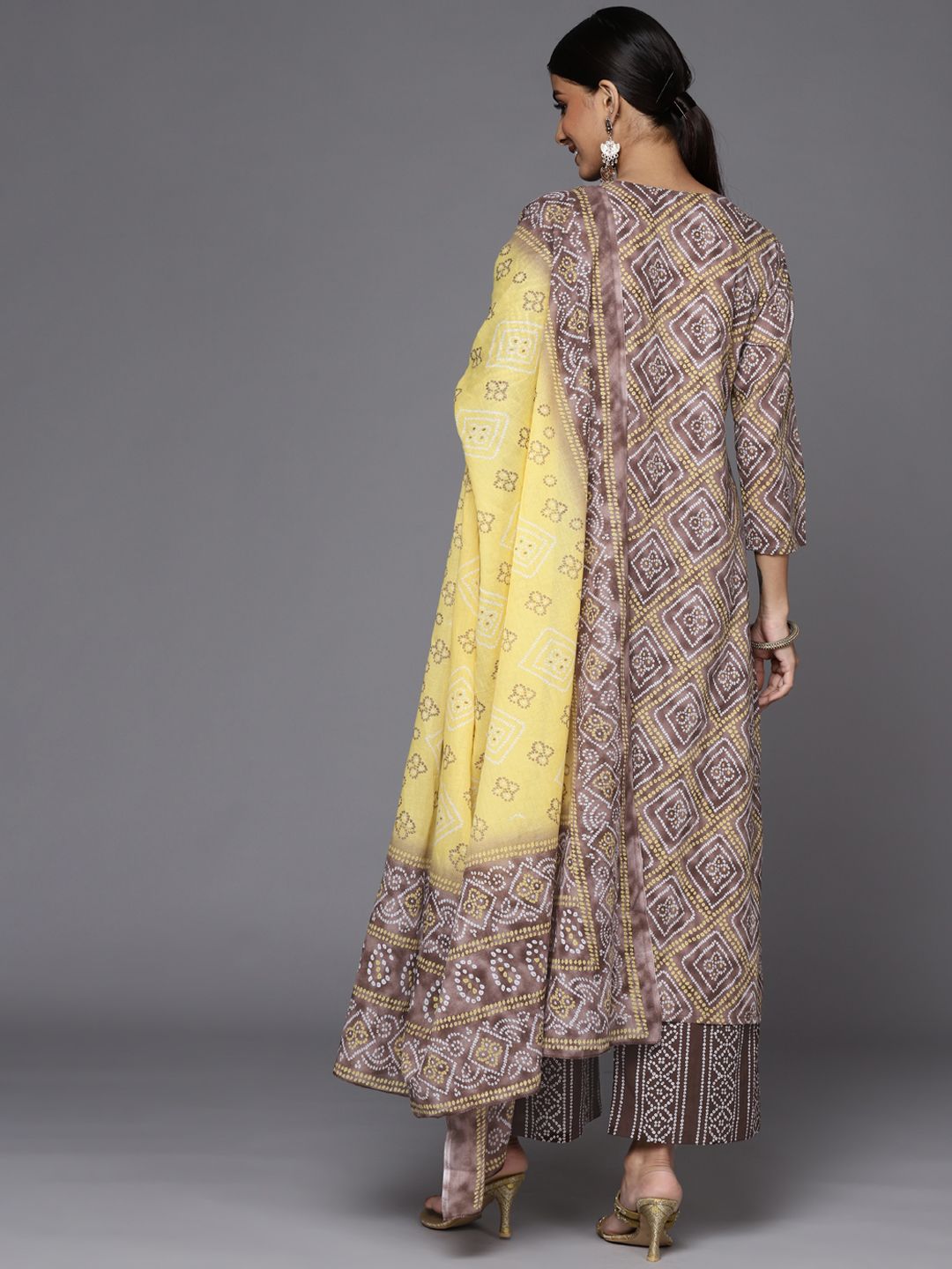 Dhiyona VA Women's Brown Bandhani Printed Gotta Patti Pure Cotton Kurta with Palazzos & With Dupatta