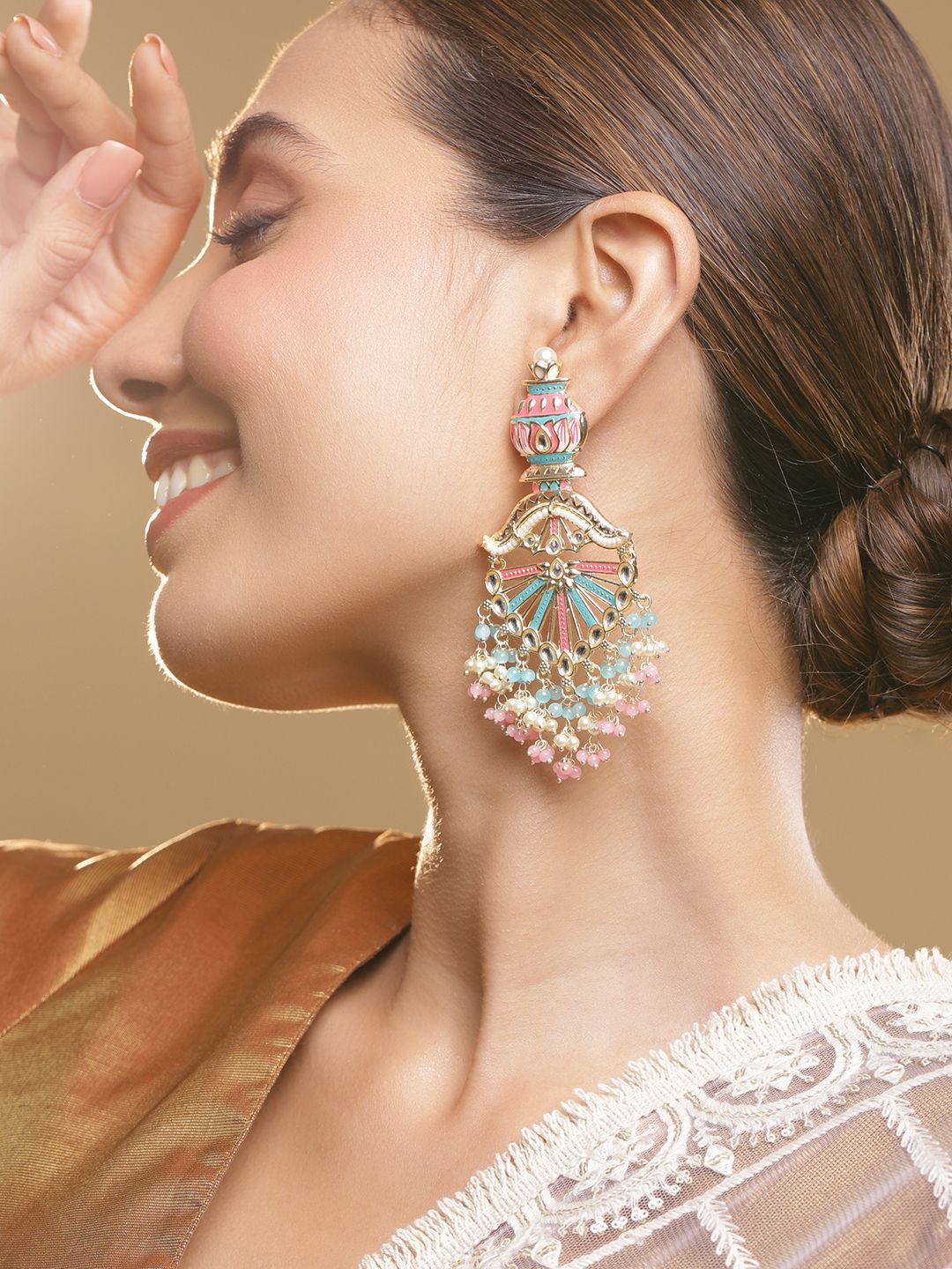 Dhiyona RJ Women's 22K Gold-Plated Multicolor Enamel with Mint Green and Pastel Pink Beaded Chandelier