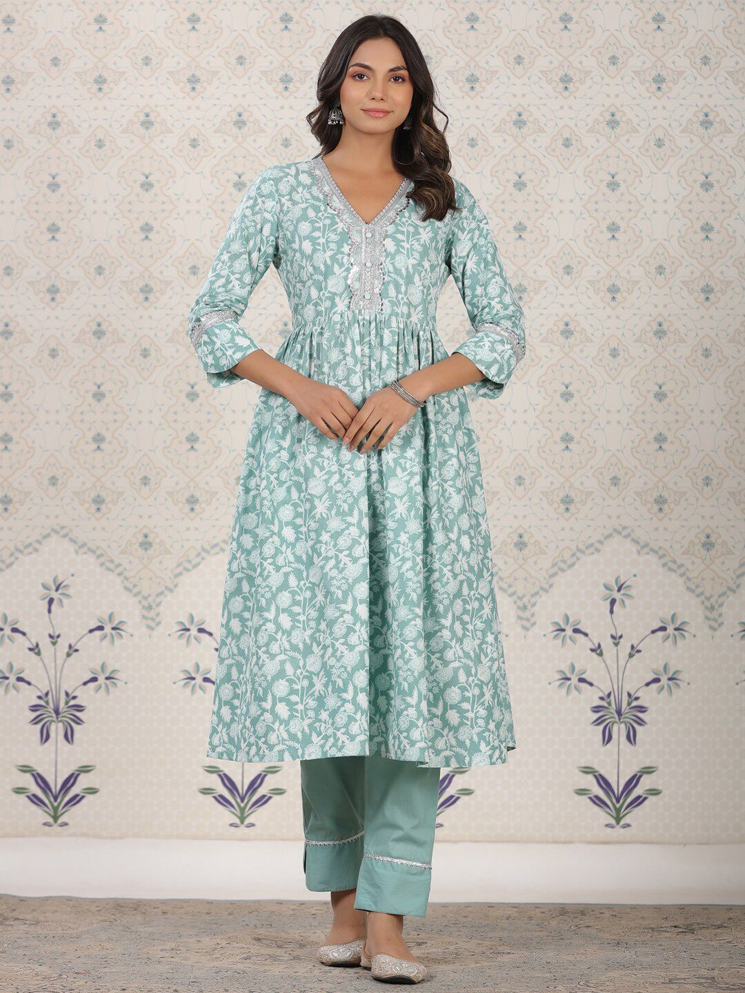 Dhiyona OD Floral Printed Pure Cotton Kurta With Palozza & Dupatta