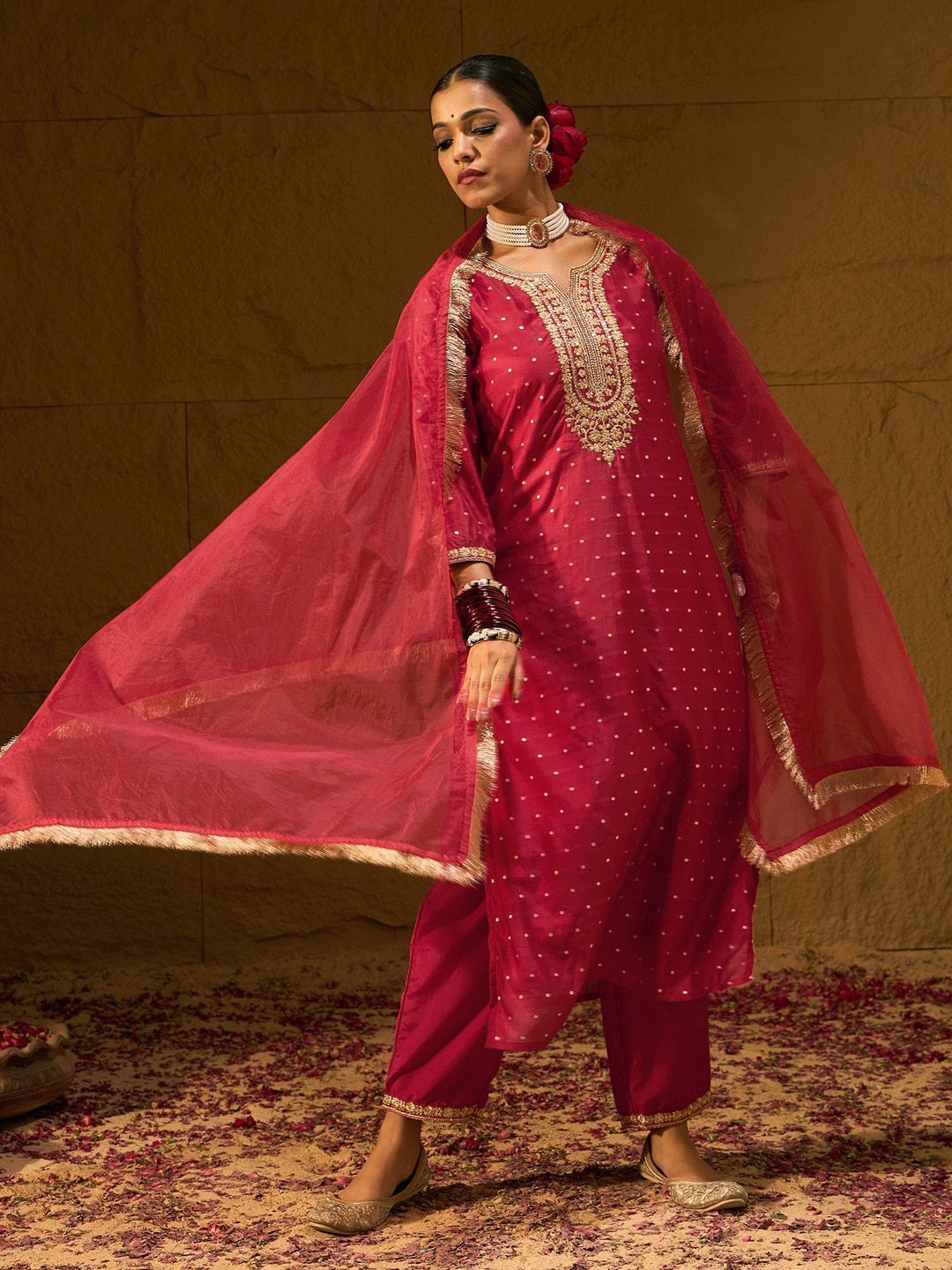 Dhiyona IE Women Embroidered Regular Chanderi Silk Kurta with Trousers & With Dupatta