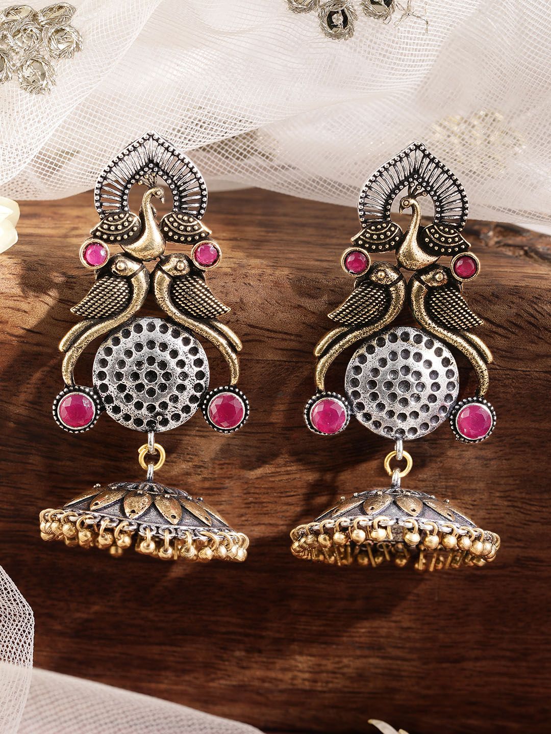 Dhiyona RJ Women's Oxidised Silver Plated Dual Tone Gold and Silver Pink Stone Peacock Jhumka Earrings