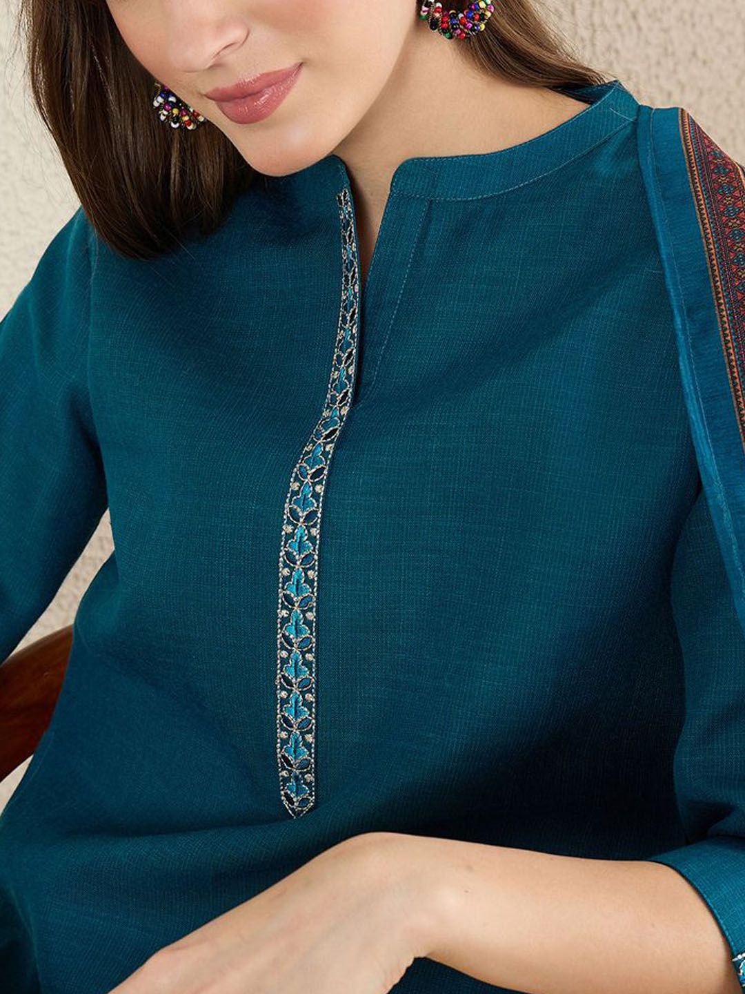 Dhiyona IE Women Solid Embroidered Kurta with Trousers & Dupatta