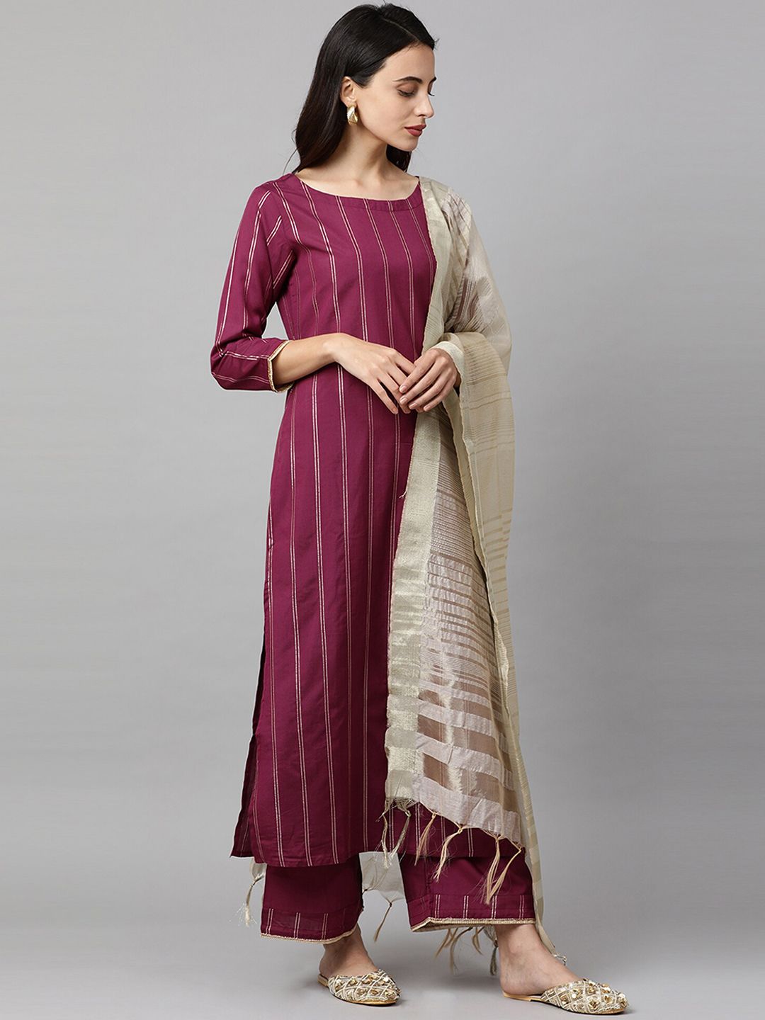 Dhiyona IE Women Magenta & Beige Striped Kurta with Palazzos & Dupatta