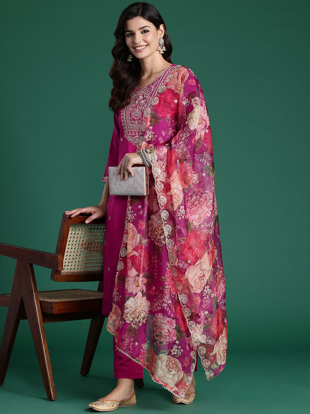 Dhiyona IE Women Ethnic Motifs Embroidered Regular Kurta with Trousers & With Dupatta