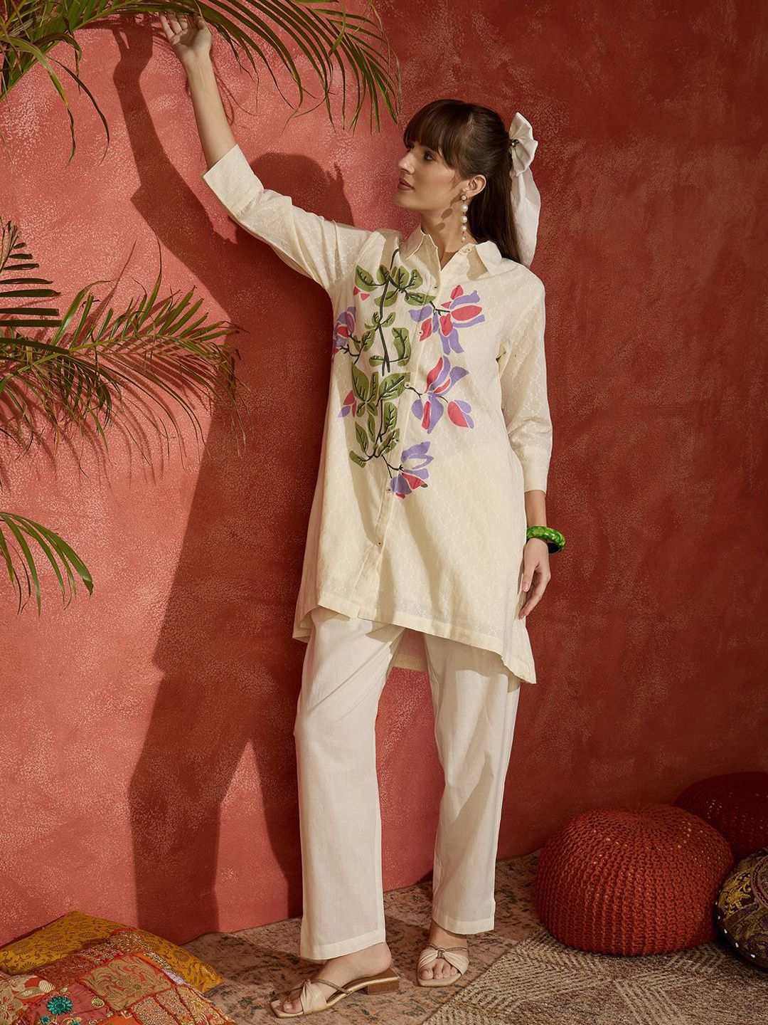 Dhiyona IE Floral Printed Shirt Collar A-Line Pure Cotton Kurta With Trousers