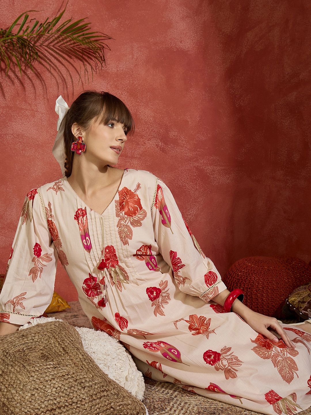 Women Floral Printed Pure Cotton A-Line Kurta with Trousers