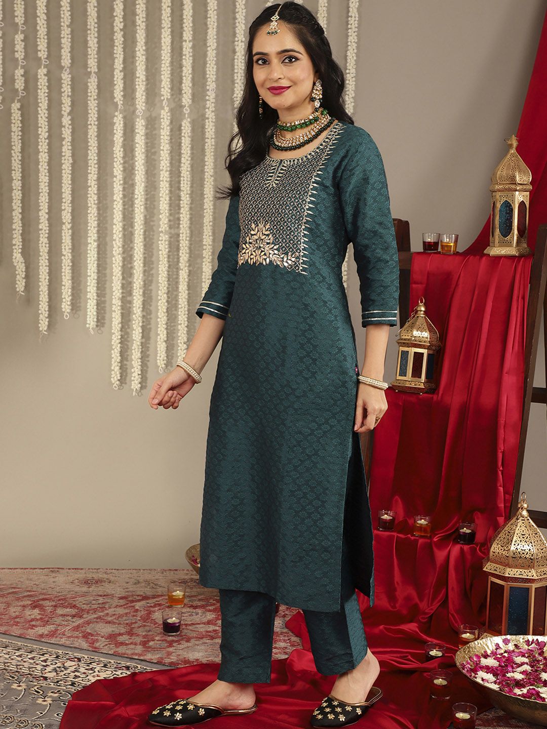 Dhiyona VA Women's Green Ethnic Motifs Embroidered Gotta Patti Kurta with Trousers & With Dupatta