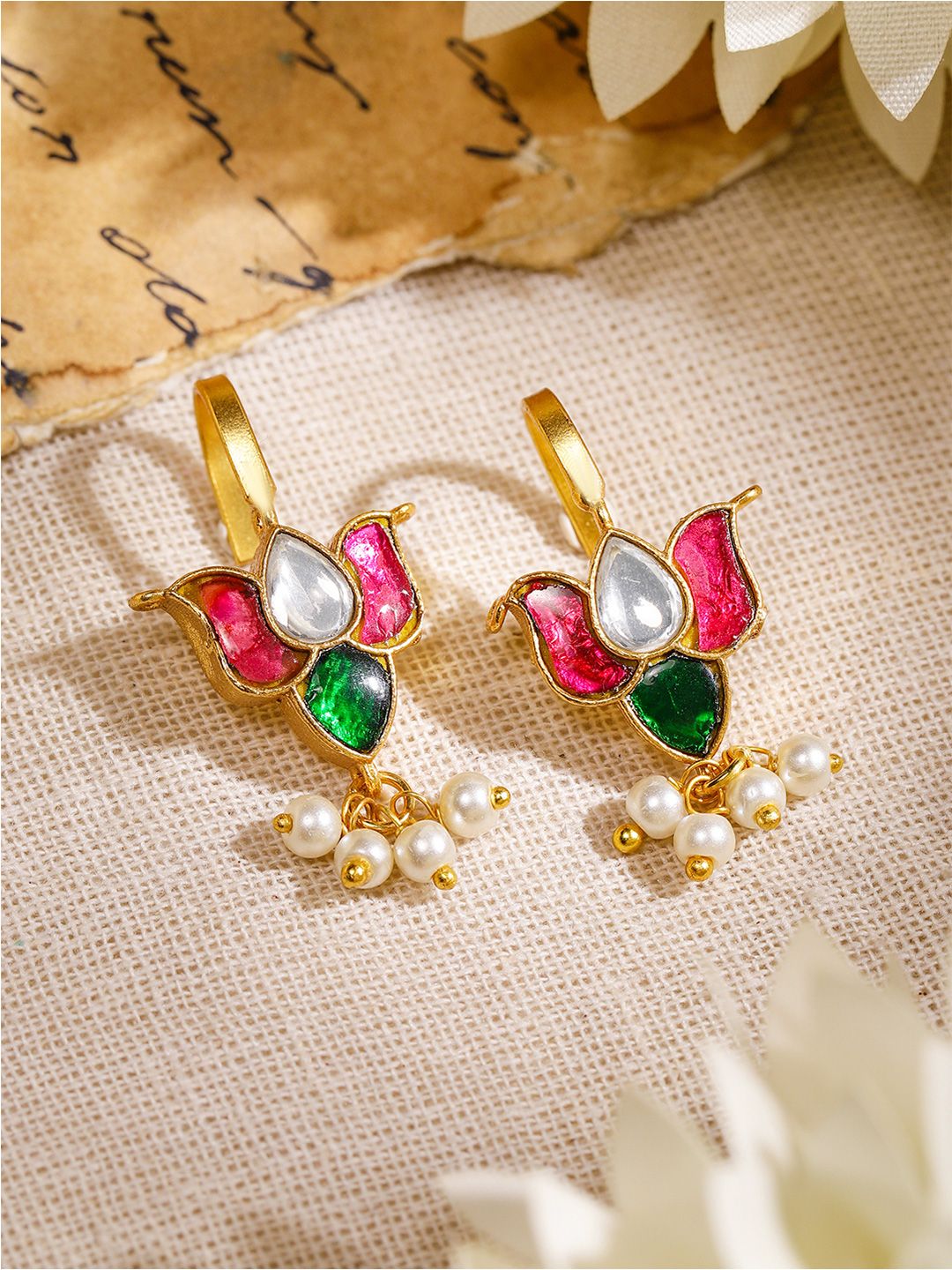 Dhiyona RJ Women's 22K Gold-Plated Ruby, Emerald & Kundan Lotus Motif Minimal Ear Cuff with Pearl Drop