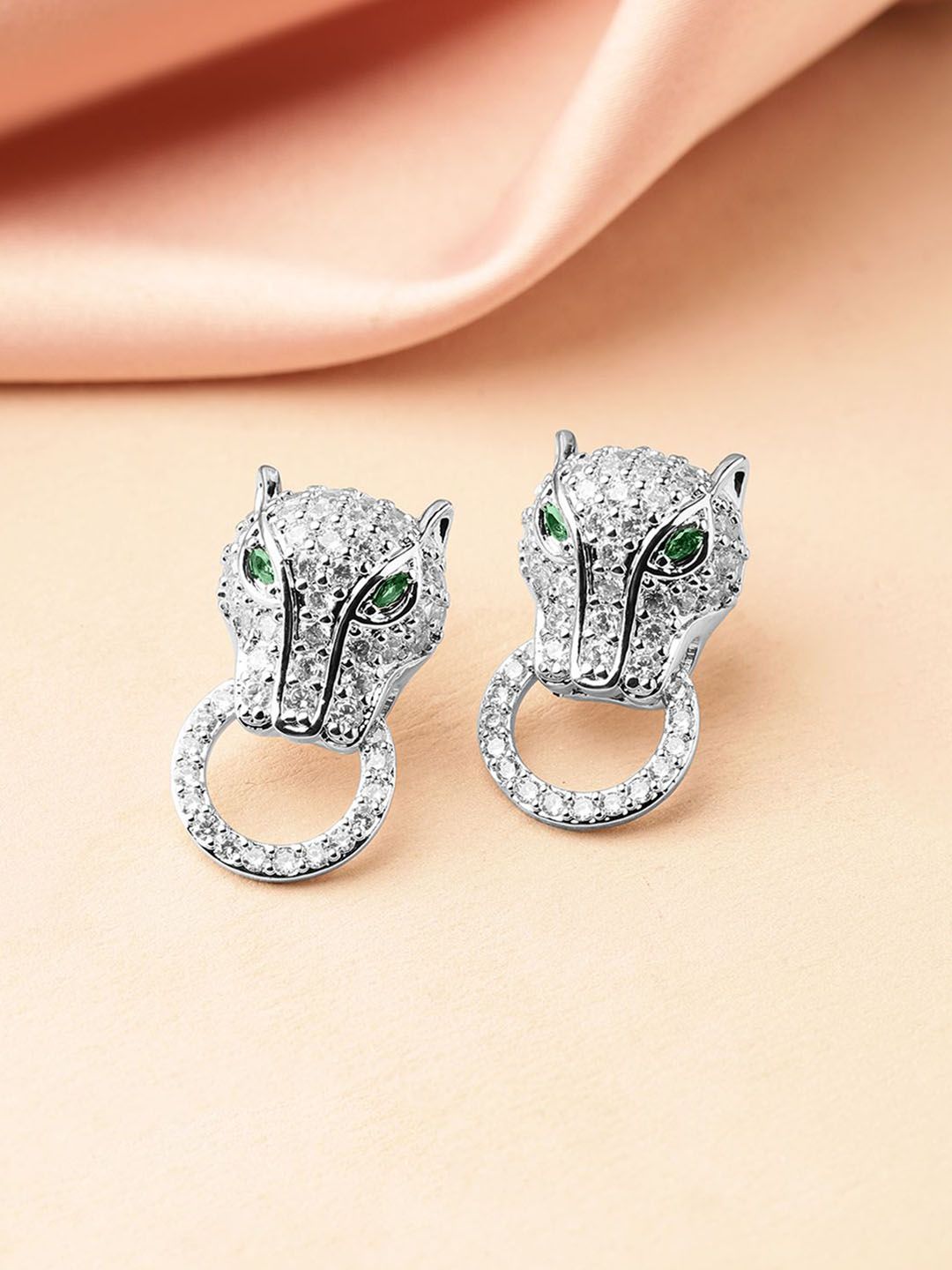 Dhiyona RJ Women's Rhodium-Plated Cubic Zirconia Panther Design Stud Earrings with Emerald Accents
