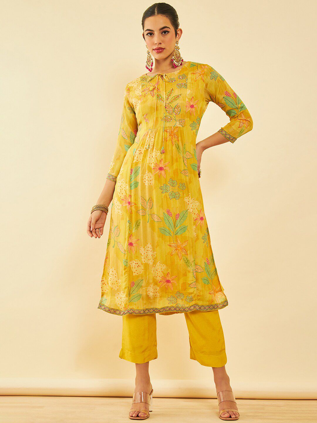 Dhiyona SO Women's Floral Printed Pleated Sequinned Kurta with Trouser & Dupatta