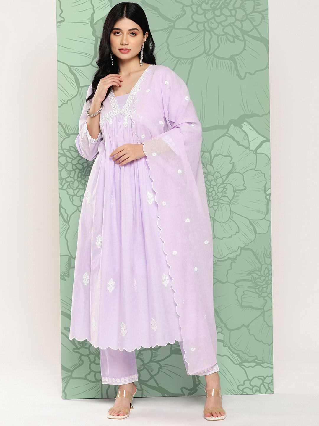 Dhiyona VA Women's Floral Embroidered Pleated Thread Work Cotton Kurta with Trousers & Dupatta
