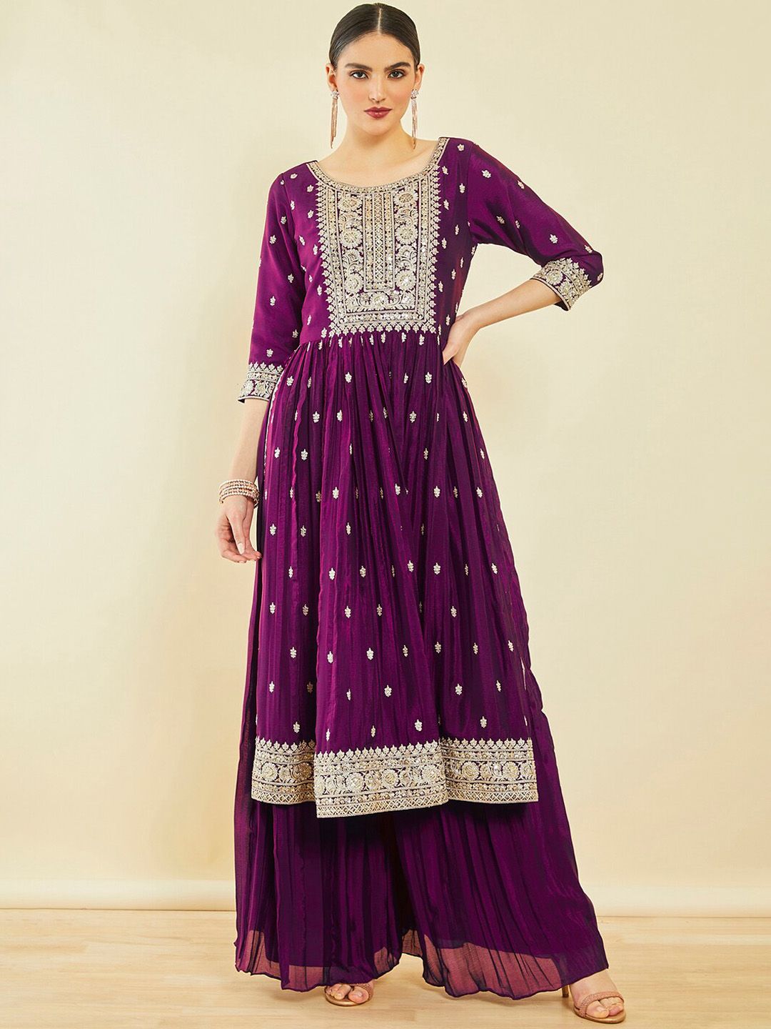 Dhiyona SO Women's Ethnic Motifs Embroidered Sequinned High Slit Kurta With Palazzos & Dupatta