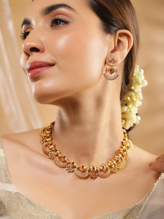 Dhiyona RJ Women's 24K Gold-Plated Ruby Pink & Cubic Zirconia Studded Temple Necklace Set