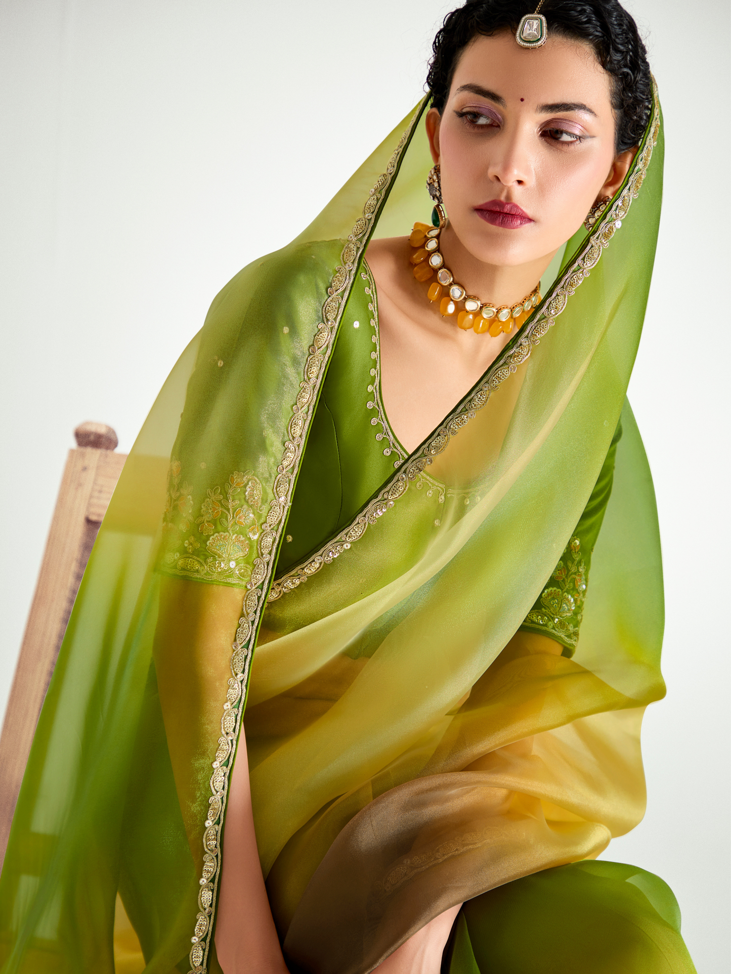 Dhiyona KM Women Green Shade Organza Saree