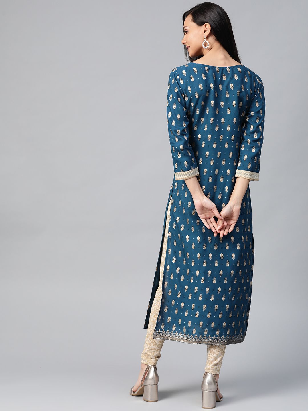 Dhiyona IE Women Navy Blue & Golden Foil Printed Straight Kurta