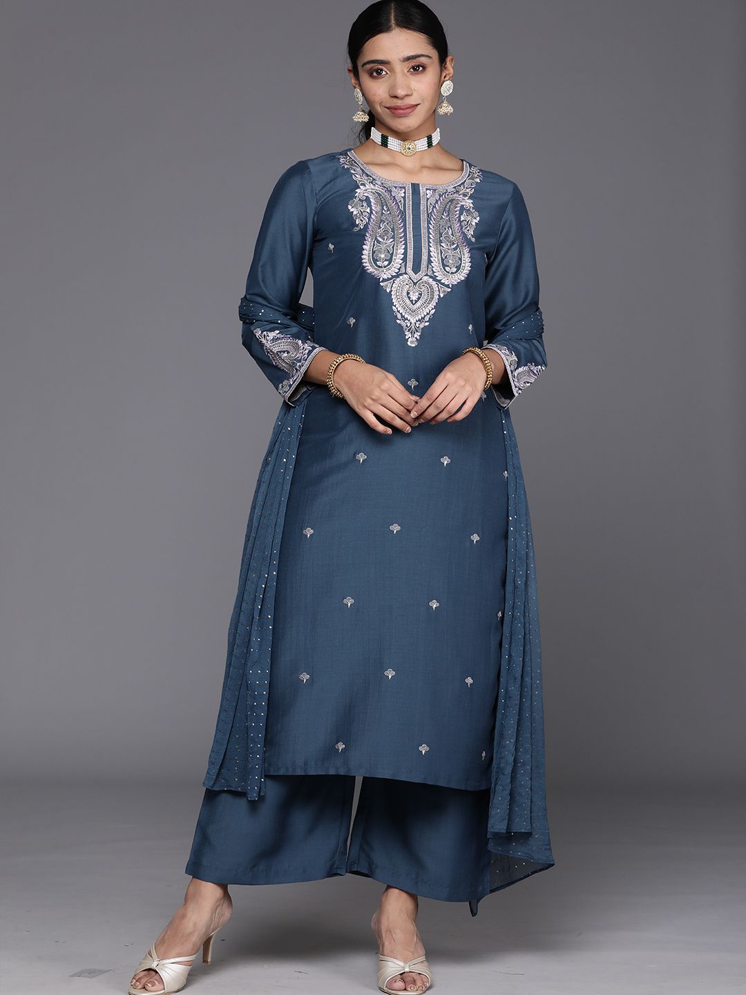 Dhiyona VA Women'sEthnic Motifs Embroidered Regular Sequinned Kurta with Trousers & With Dupatta