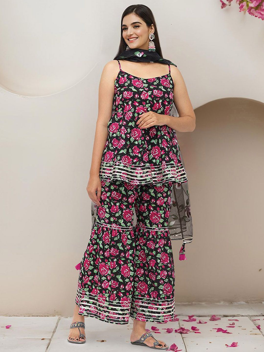 Dhiyona IS Women's Floral Printed Gotta Patti Pure Cotton Kurti with Sharara & Dupatta