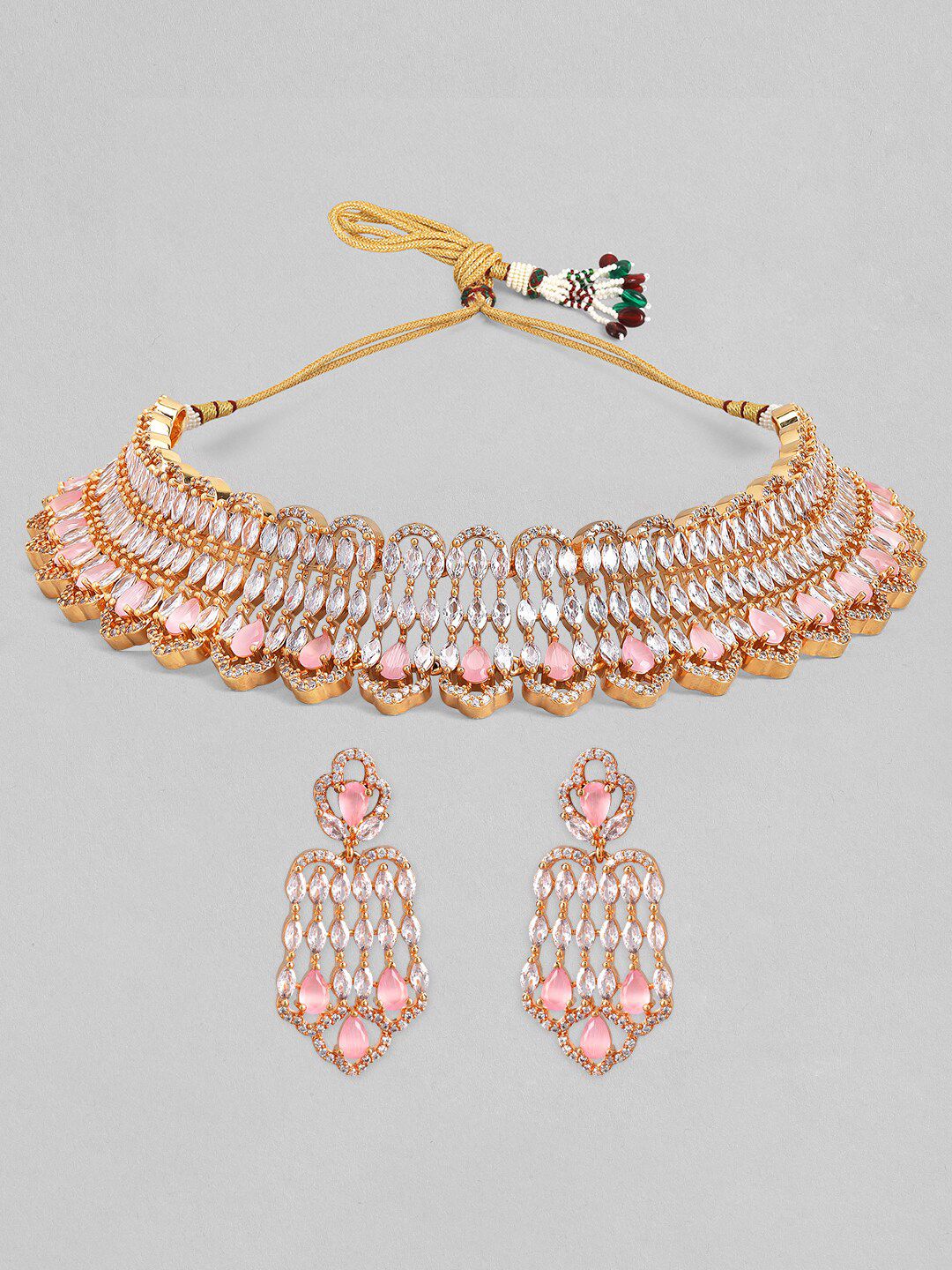 Dhiyona RJ Women's 22K Gold-Plated Crysta Pink & White Cubic Ziicronia Studded Choker Jewellery Set