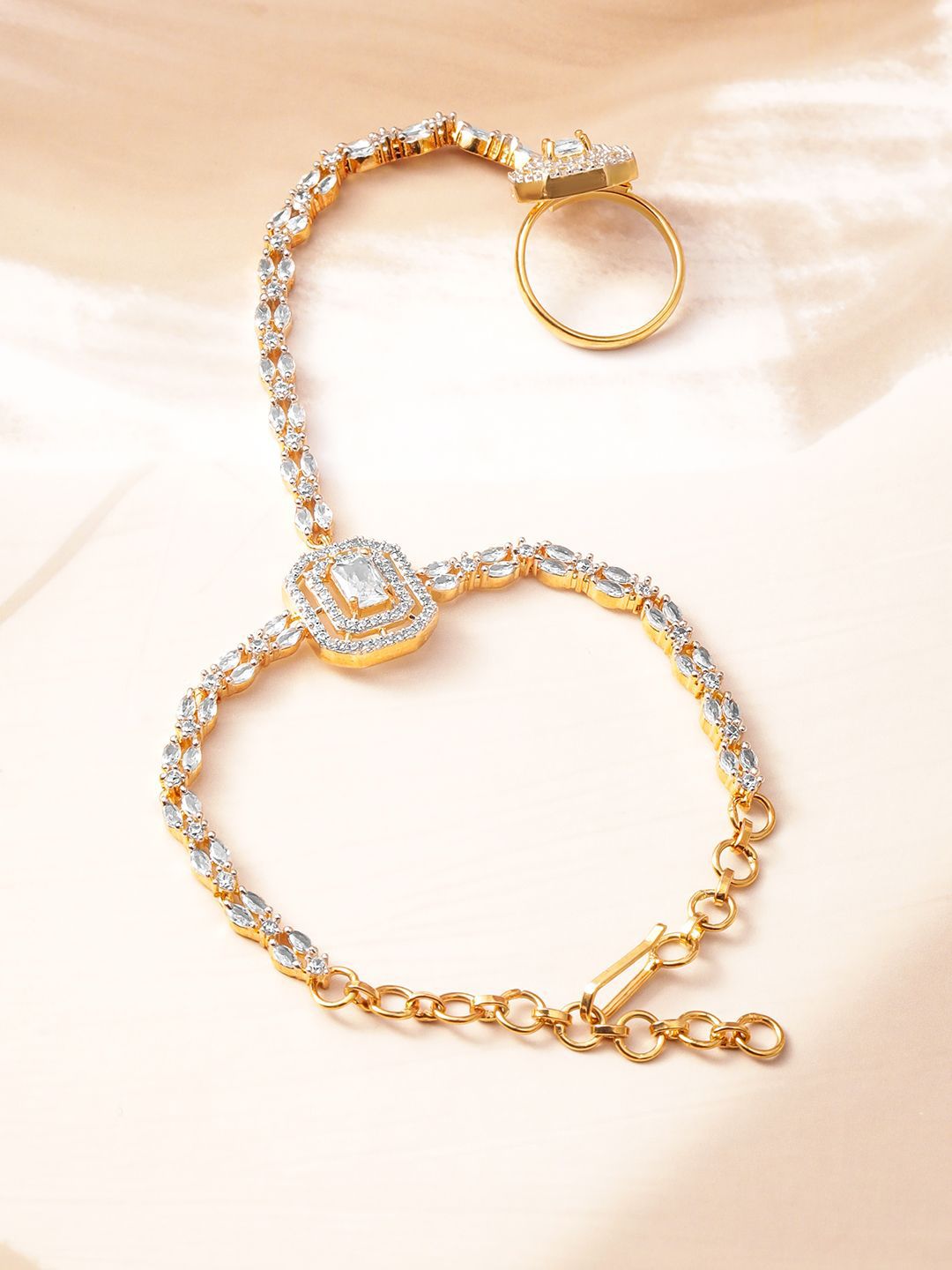 Dhiyona RJ Women's 18KT Gold-Plated Cubic Zirconia Studded Hand Harness Ring Bracelet