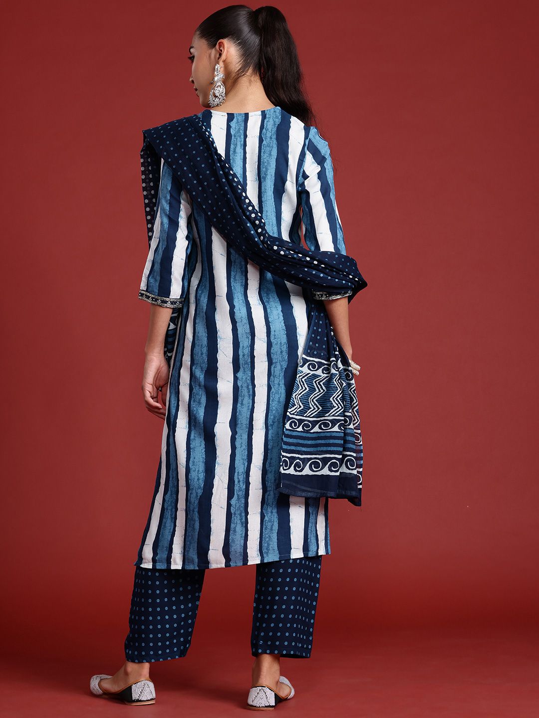 Striped Sequinned Kurta With Trousers & Dupatta