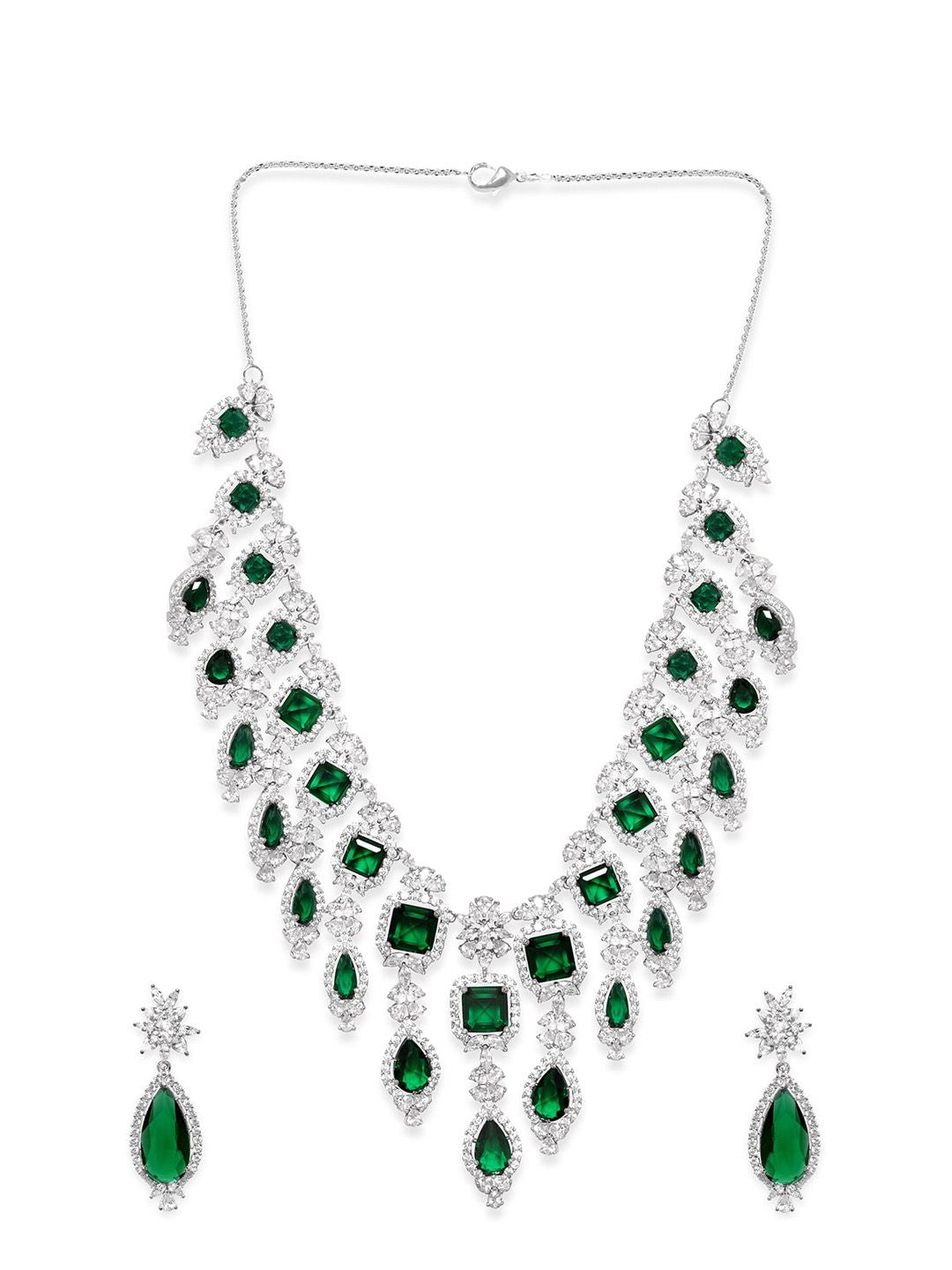 Dhiyona RJ Women's Premium Rhodium Plated AAA Cubic Zirconia & Emerald Studded Necklace Set