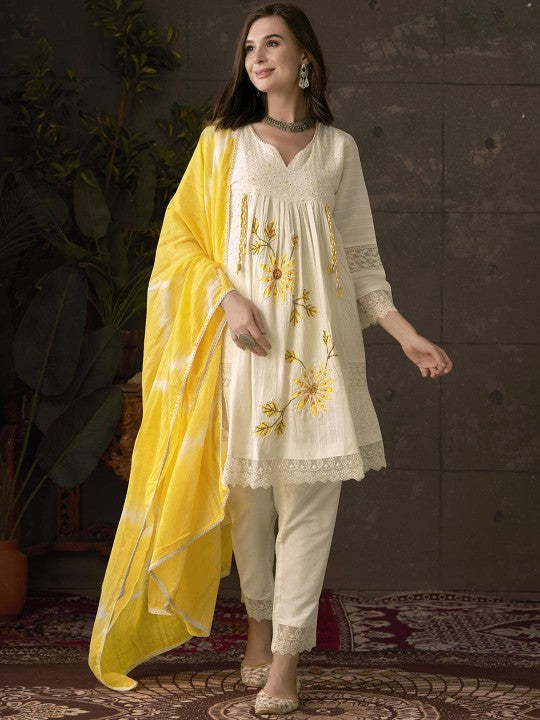 Women's Embroidered Pleated Chikankari Pure Cotton A-Line Kurta With Trousers & Dupatta