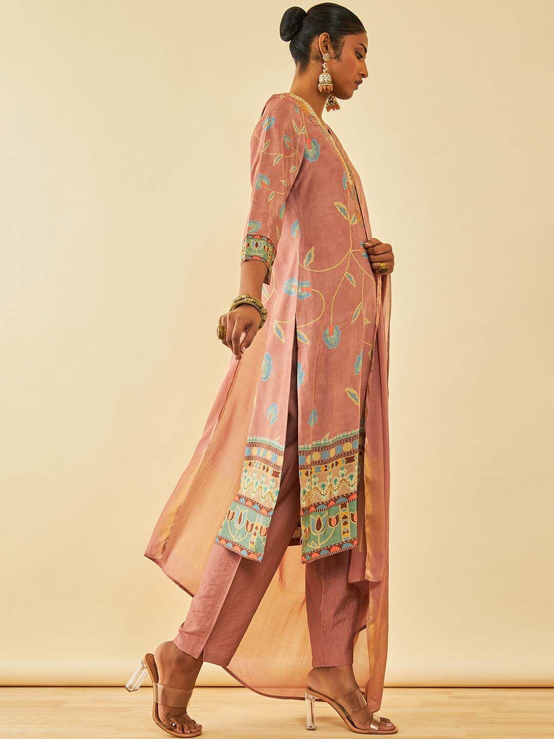 Dhiyona SO Women's Floral Printed Regular Beads and Stones Kurta with Trousers & With Dupatta