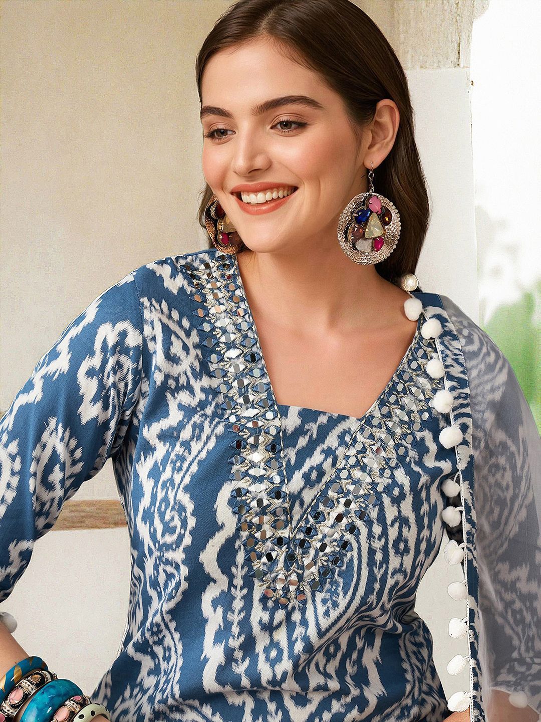 Dhiyona IS Women's Ethnic Motifs Printed Mirror Work Straight Kurta with Dhoti Pants & Dupatta