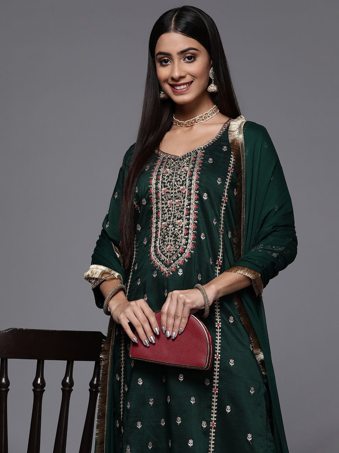 Dhiyona VA Women's Ethnic Motifs Embroidered Kurta with EmbroideredTrousers & With Dupatta