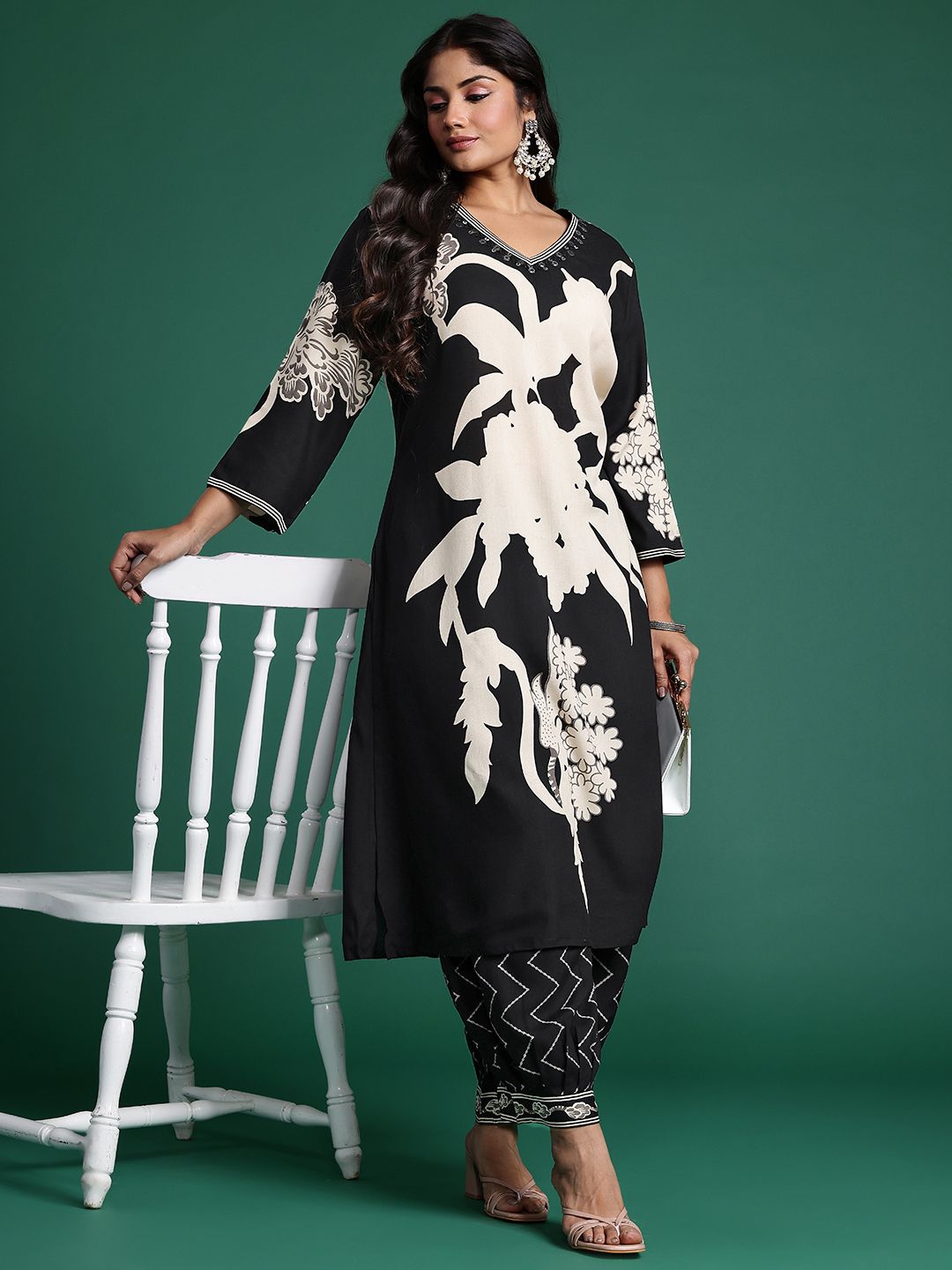 Plus Size Floral Printed Beads & Stones Kurta with Salwar