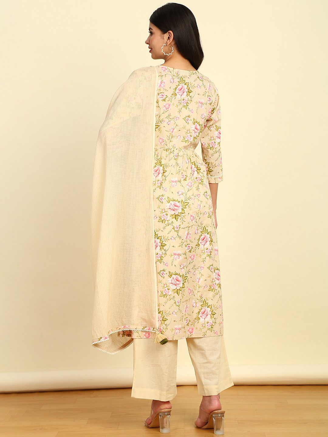 Dhiyona SO Women's Floral Printed Pleated Thread Work Kurta with Palazzo & Dupatta
