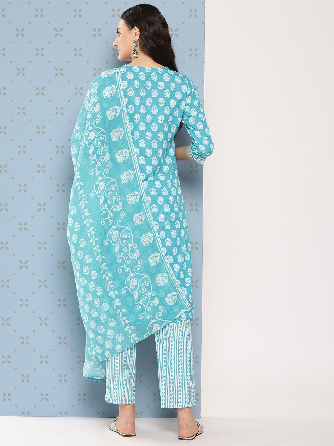 Dhiyona IE Women Floral Printed Regular Sequinned Pure Cotton Kurta with Trousers & Dupatta