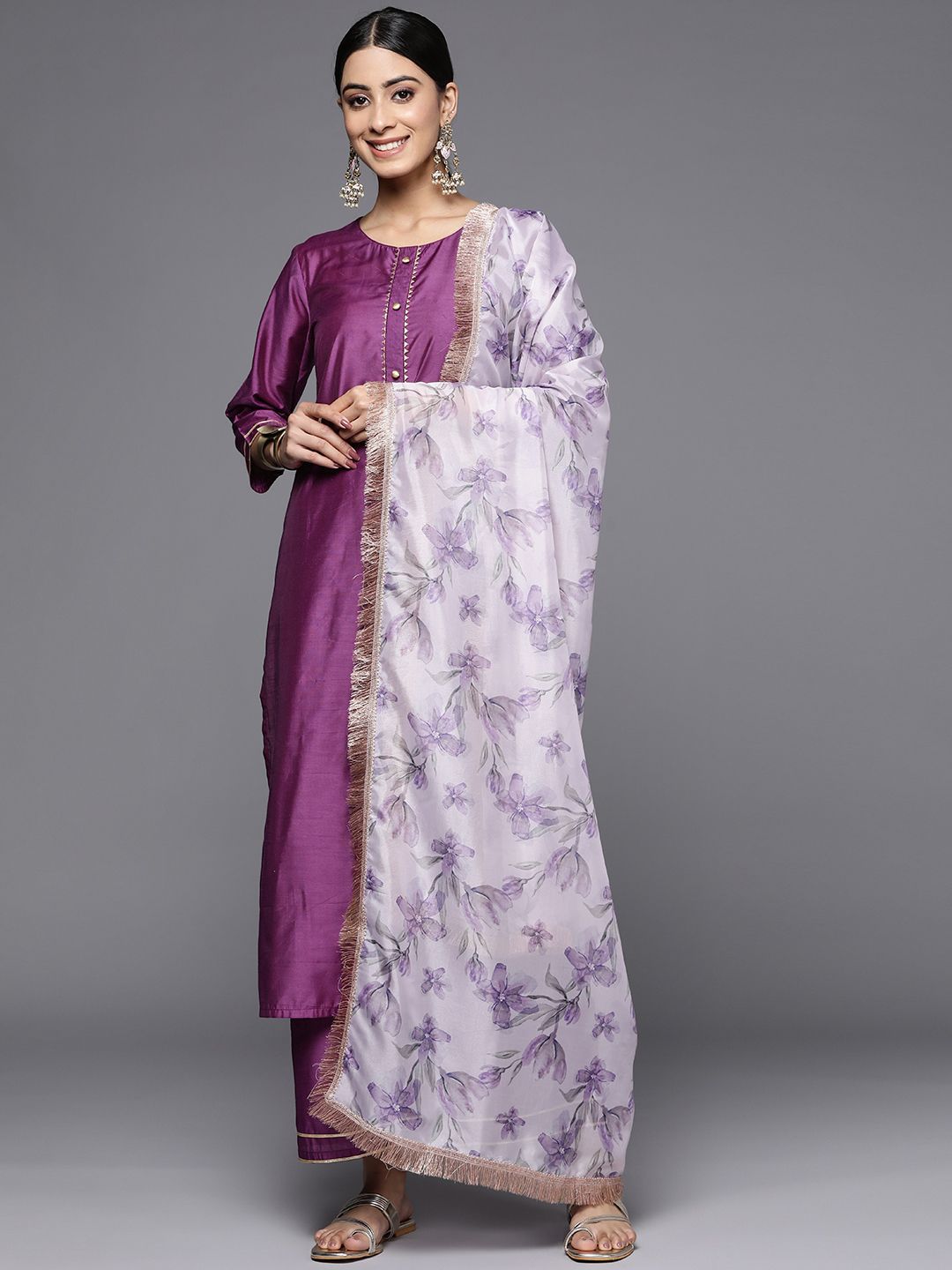 Dhiyona VA Women'sRound Neck Straight Kurta With Trousers & Dupatta