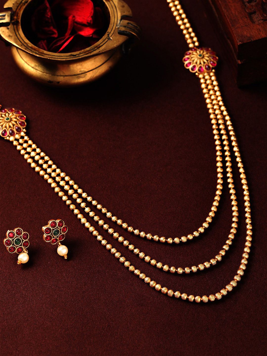 Dhiyona RJ Women's Gold-Plated & Ruby Stone Studded Handcrafted Layered Jewellery Set