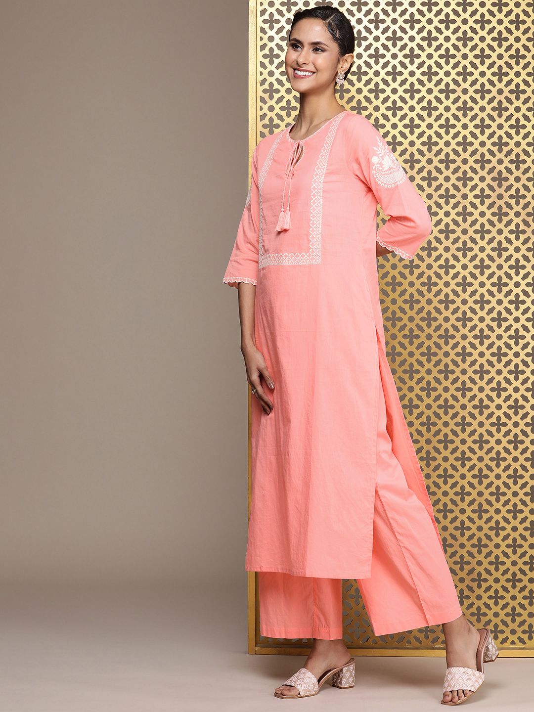 Dhiyona PD Women Jashn Pure Cotton Ethnic Motifs Embroidered Kurta with Palazzos & Dupatta