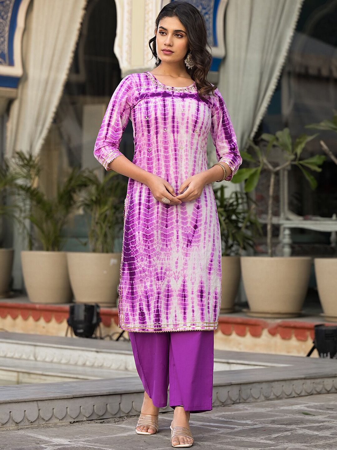 Dhiyona VA Women's Dyed Regular Gotta Patti Pure Cotton Kurta with Palazzos & With Dupatta