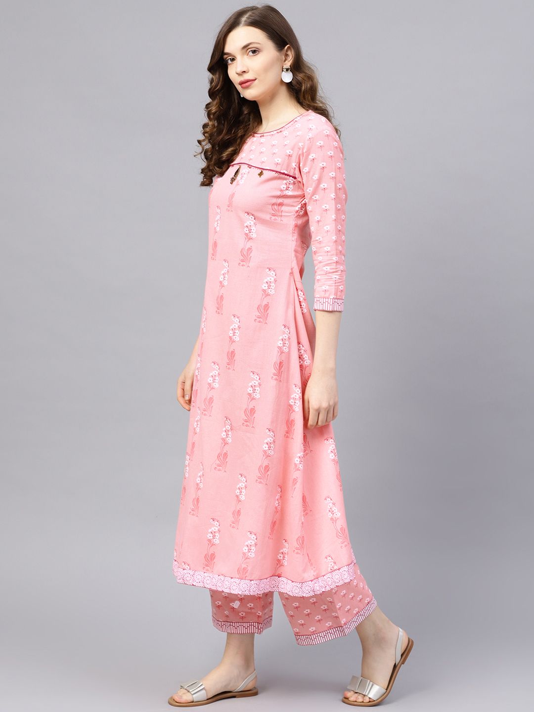 Dhiyona IS Women's Women Pink & White Printed Kurta with Palazzos