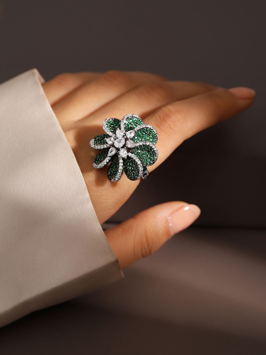 Dhiyona RJ Women's Rhodium-Plated Stone Studded Floral Adjustable Finger Ring