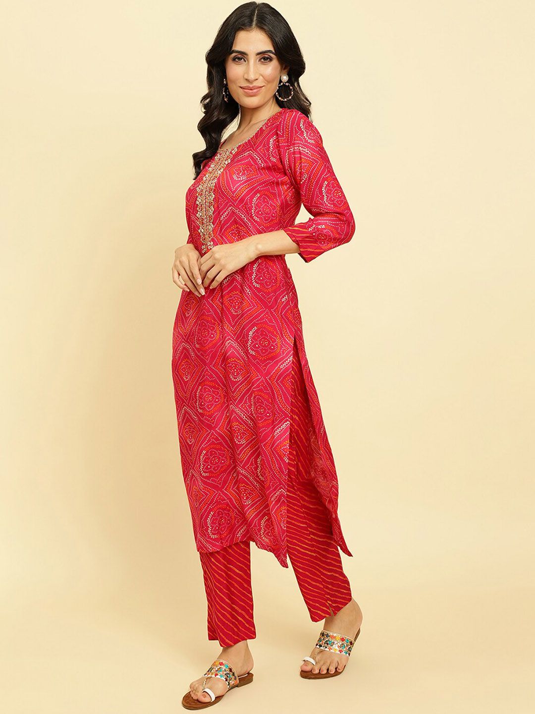 Dhiyona VA Women'sBandhani Printed Regular Chanderi Silk Kurta with Trousers & Dupatta