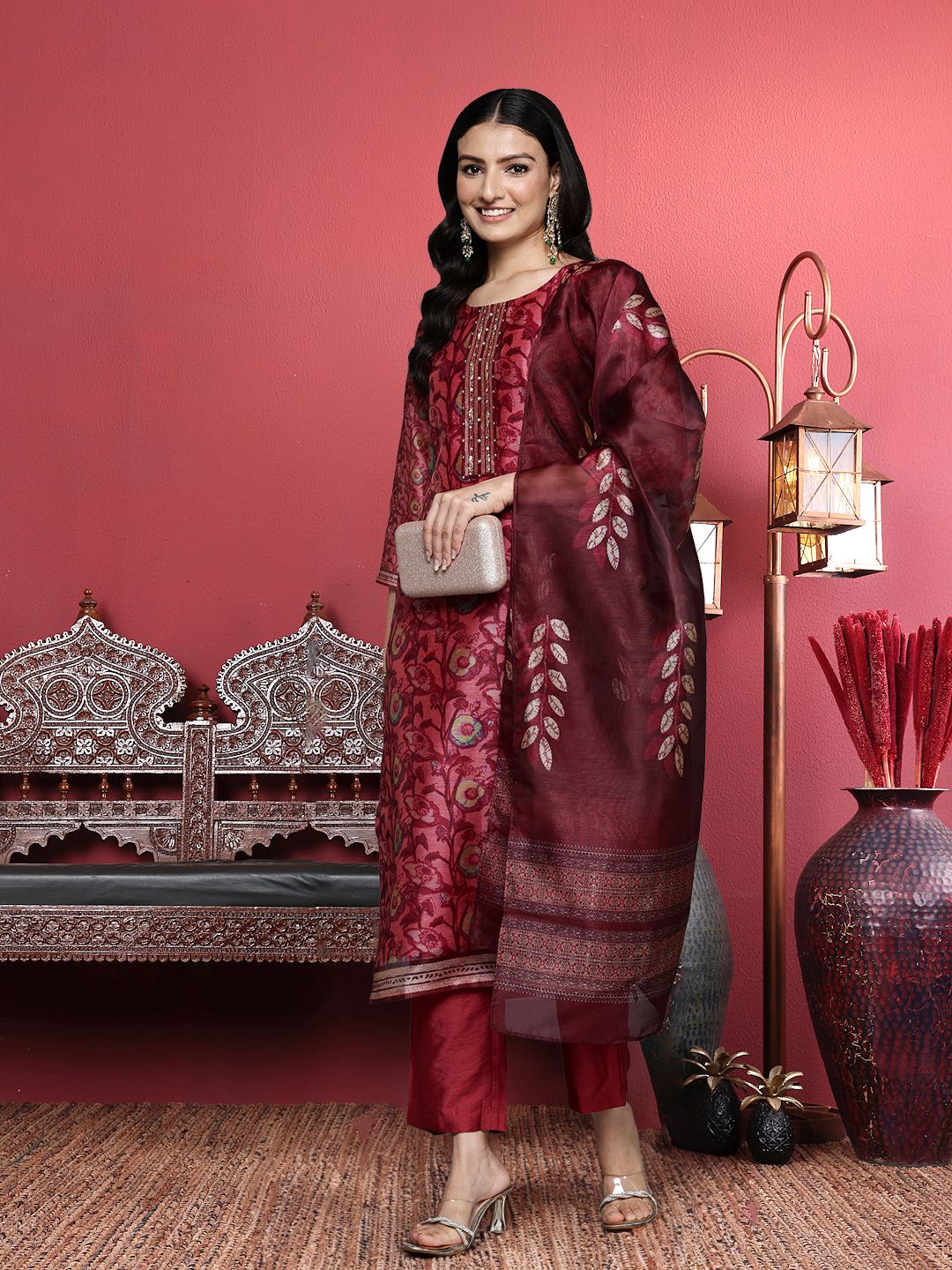 Dhiyona VA Women'sMaroon Floral Printed Beads and Stones Straight Kurta with Trousers & Dupatta