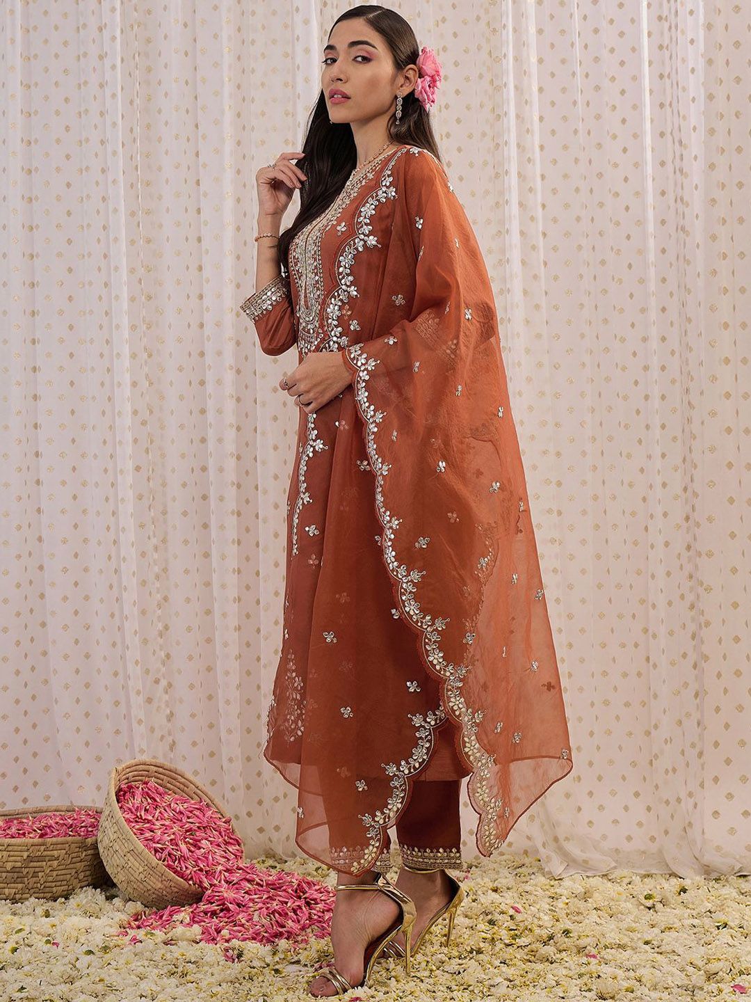 Dhiyona IE Ethnic Motifs Embroidered Regular Gotta Patti Kurta with Trouser & Dupatta