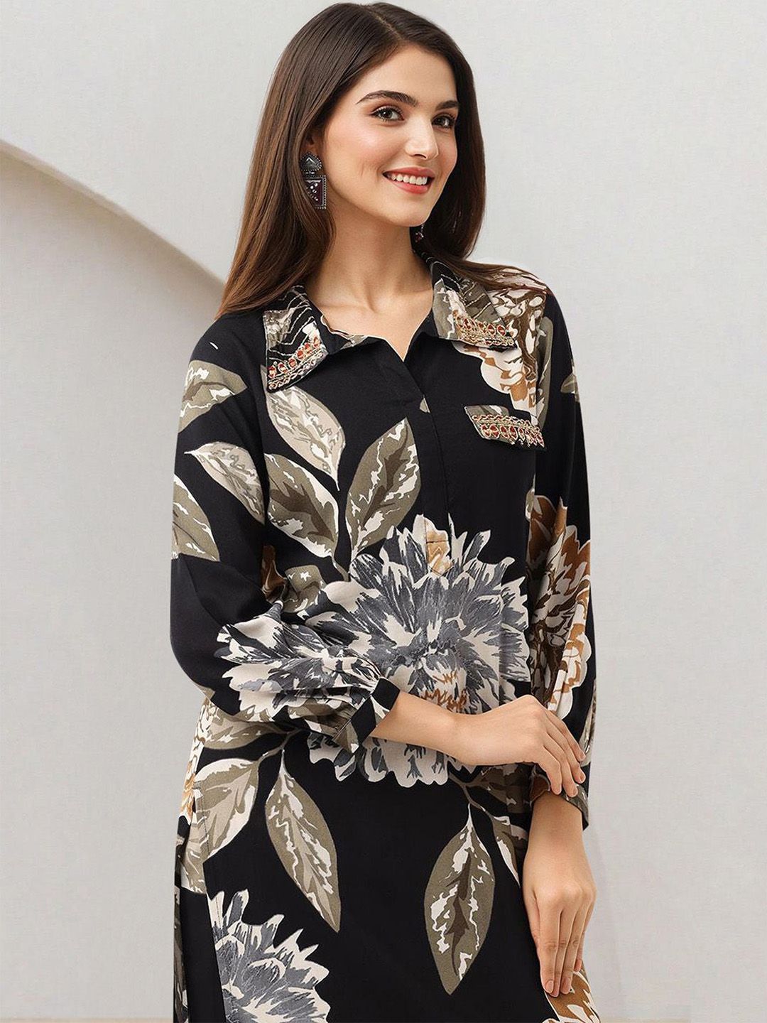 Dhiyona IS Women's Floral Printed Shirt Collar Straight Kurta With Salwar