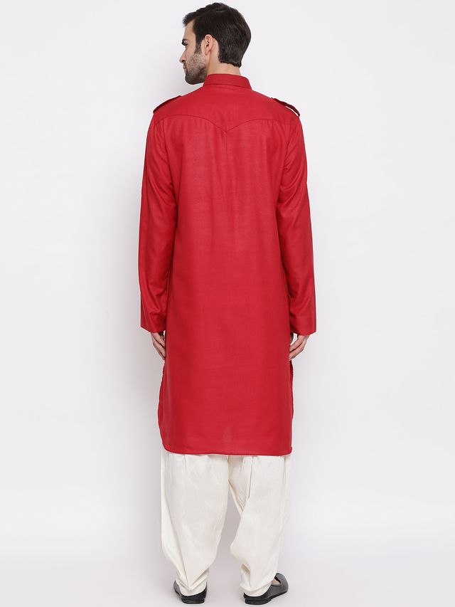 Men's Maroon Cotton Blend Pathani Pathani Kurta Set