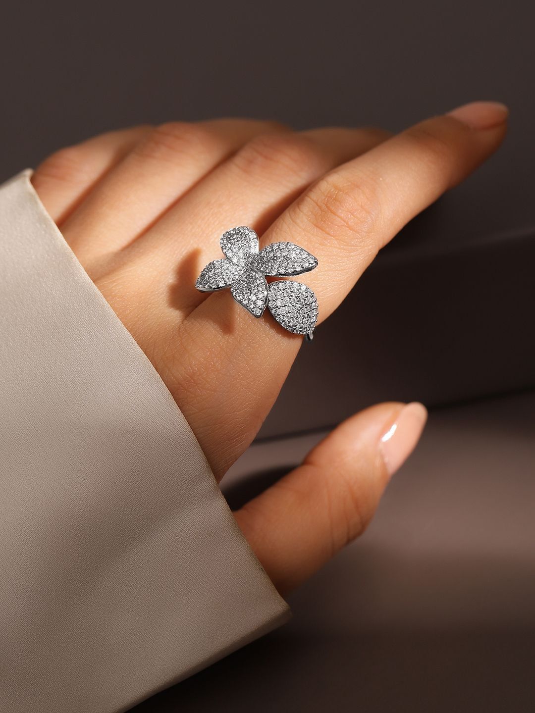Dhiyona RJ Women's Rhodium Plated Cubic Zirconia Studded Floral Openable Adjustable Statement Ring