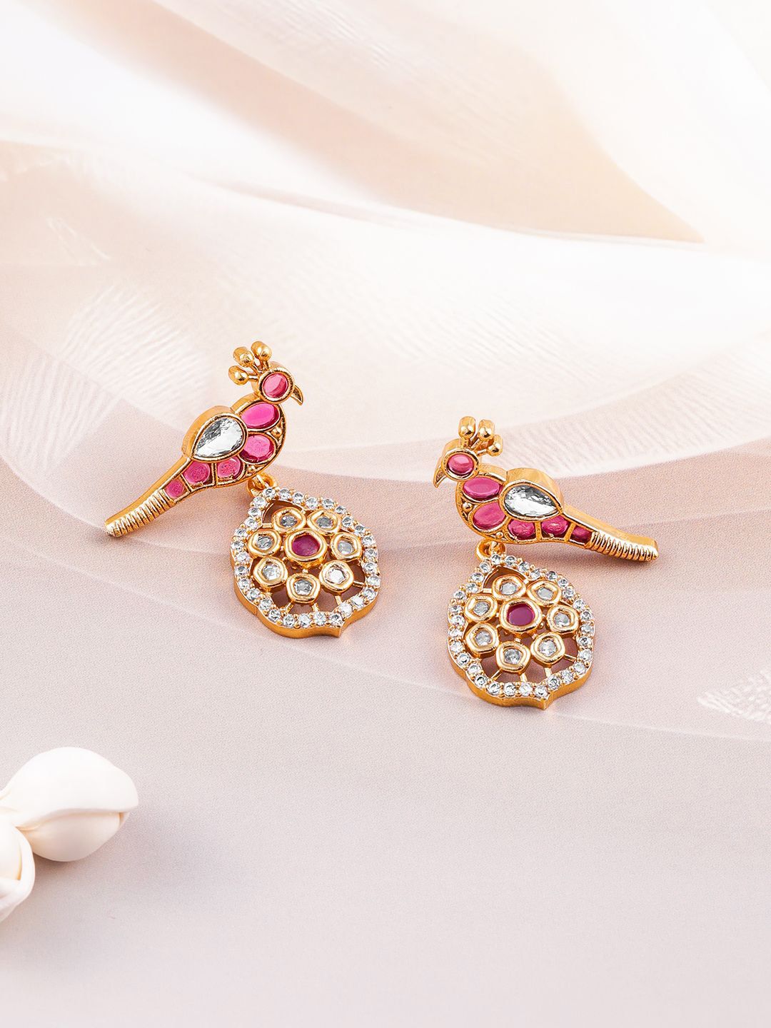 Dhiyona RJ Women's 22 K Gold-Plated Ruby & Kundan with Zicronia Studded Peacock Design Necklace Set