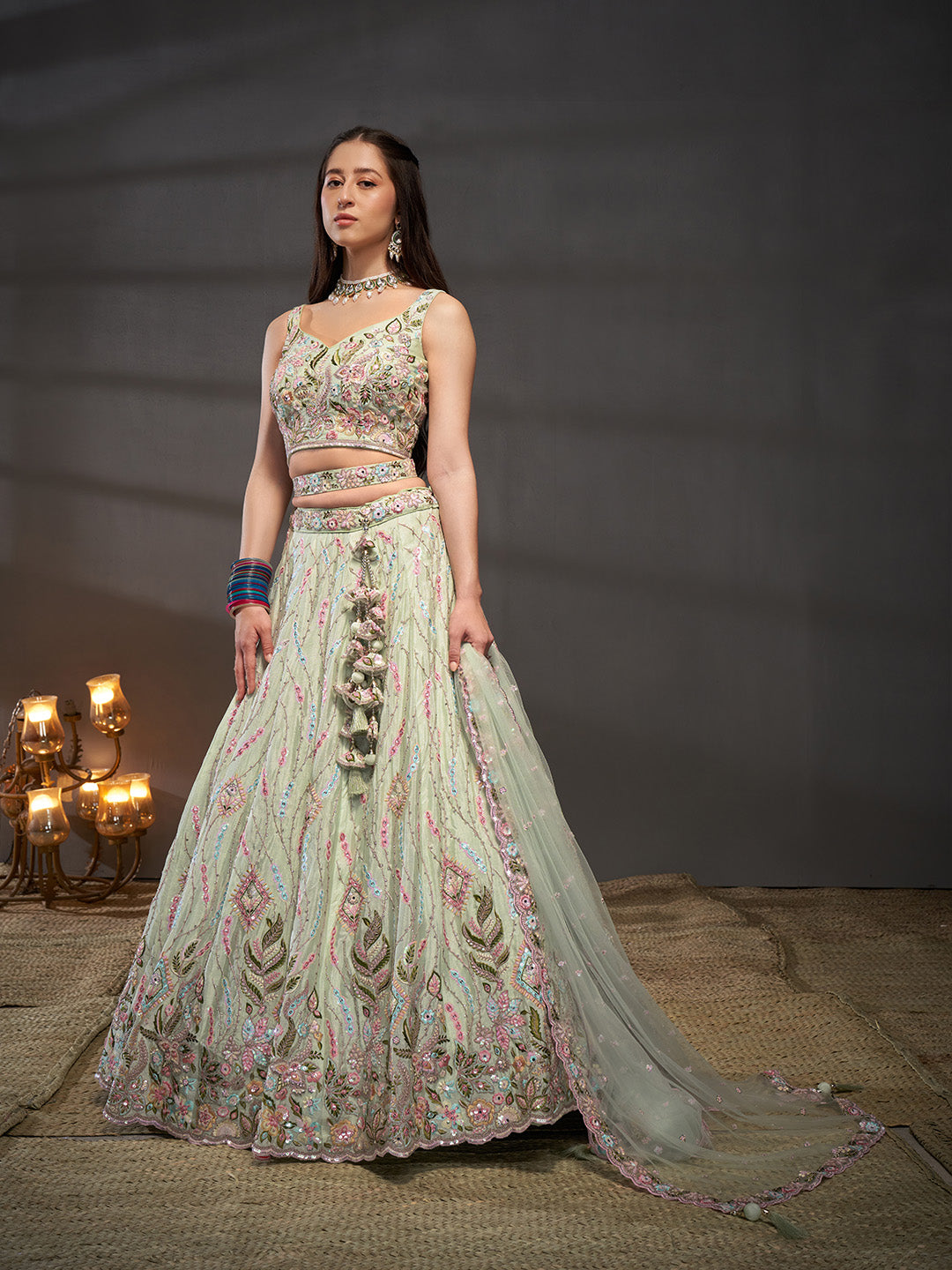 Women Lime Green Pure Chiffon Mirror Zarkan & heavy Sequin embroidery Semi-Stitched Bridel Lehenga choli & Dupatta