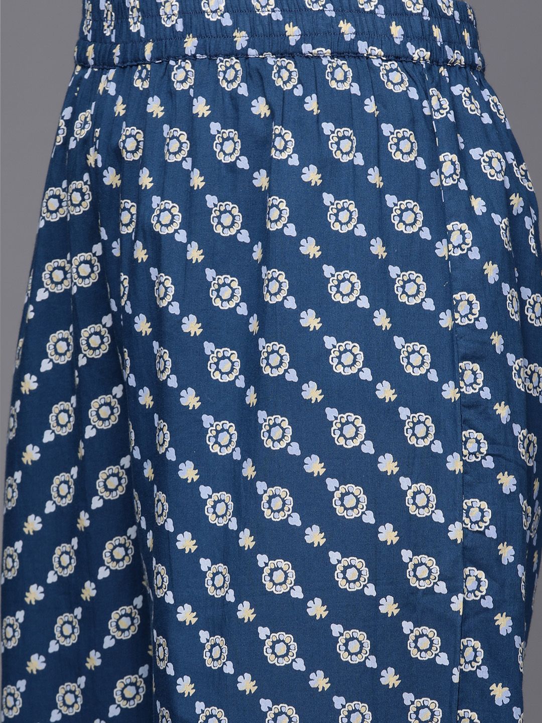 Dhiyona VA Women's Beige & Blue Printed Pure Cotton Kurta with Trousers